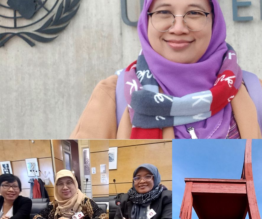 Alimatul Qibtiyah bersama 2 delegasi lainnya dari Komnas Perempuan berpose di ruang sidang PBB dan depan gedung PBB di Jenewa.
